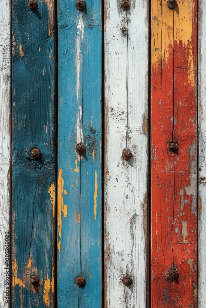 Colorful wooden planks with peeling paint in blue, white, and red arranged vertically Colorful wooden planks with peeling paint in blue, white, and red arranged vertically