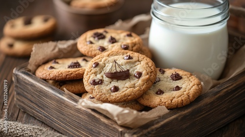 Freshly baked chocolate chip cookies with a glass of milk on a rustic tray