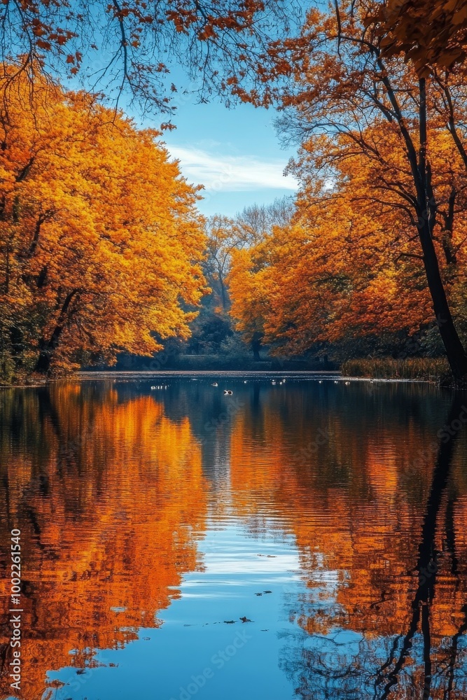 Obraz premium Tranquil autumn reflection in a serene lake surrounded by vivid orange trees