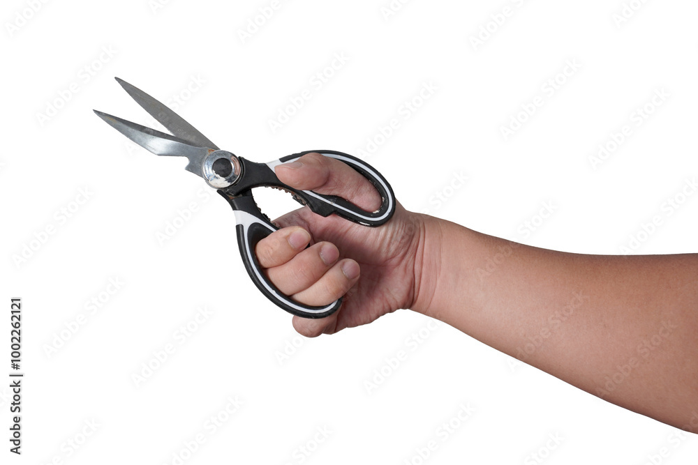 Male person hand holding scissor, cut out isolated Male person hand holding scissor, cut out isolated