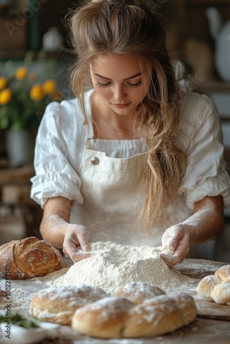 Young woman prepares flour for baking in a cozy kitchen filled with fresh bread