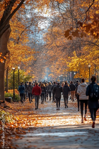 People walking on a tree-lined path surrounded by colorful autumn leaves duri...