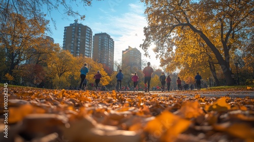 Autumn joggers running through colorful leaves in a city park during a sunny ...