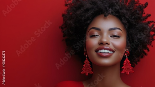 Joyful woman smiling against a festive red background, wearing holiday-themed...