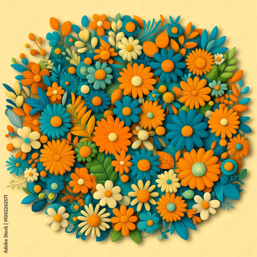 A colorful bouquet of flowers with a yellow background. The flowers are arranged in a circle and are of various sizes and colors. Scene is cheerful and vibrant, with the bright colors of the flowers A colorful bouquet of flowers with a yellow background. The flowers are arranged in a circle and are of various sizes and colors. Scene is cheerful and vibrant, with the bright colors of the flowers