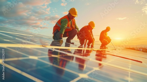 Workers Installing Solar Panels on Rooftop at Sunset