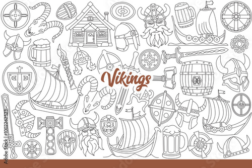 Viking logo near armor and ships or weapons belonging to ancient scandinavian robbers. Helmets to protect viking heads in battle and sea vessels of medieval nordic sailors. Hand drawn.