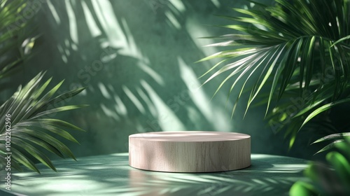 Wooden display platform surrounded by tropical foliage in a serene indoor set...