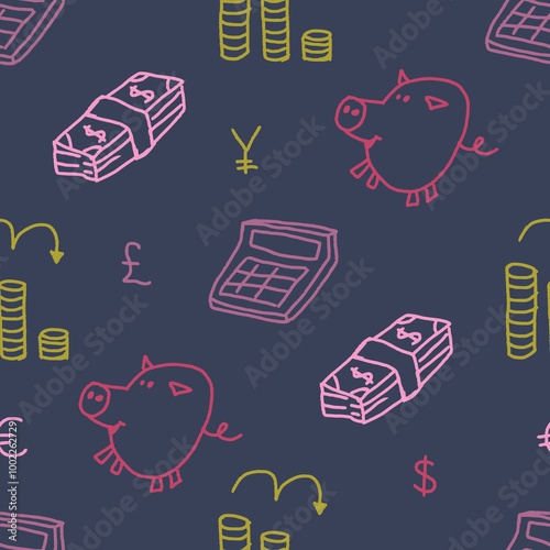 Hand drawn seamless pattern background finance and business doodle design elements. Childish naive art style