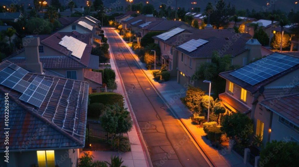 Naklejka premium Eco-Friendly Solar Powered Streetlights in Neighborhood