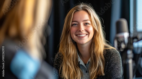 A Blonde Woman Smiling While Talking to Someone Off-Camera