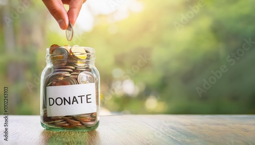 Hand dropping coin into donate jar, blurred natural background photo