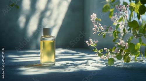Glass bottle with essential oil resting on a stone surface in natural light