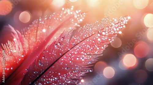 Close-up of a pink feather with dew drops glistening in soft light at dawn