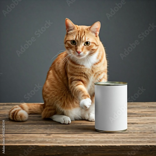 Orange Tabby Cat Sitting Next to a Blank Cat Food Can Mockup on Wooden Surface