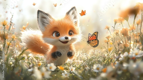  A fox standing amidst flowers under a sunny sky with a butterfly above its head is adorable