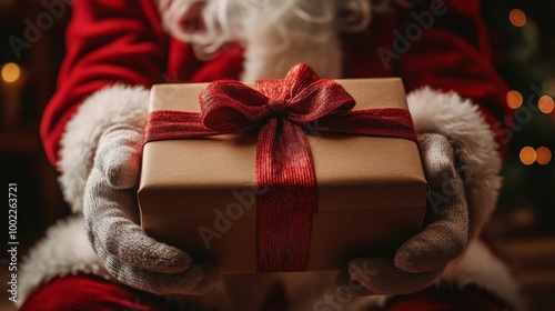 Santa holding a beautifully wrapped gift in front of a decorated Christmas tree