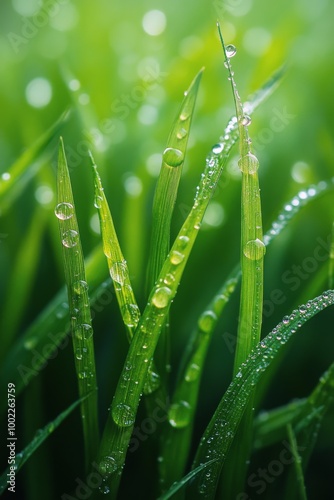 Dew drops glistening on green grass blades during sunrise in a tranquil garden
