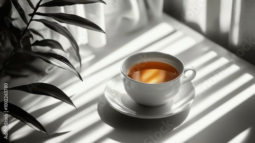 Warm cup of coffee on a table with sunlight casting shadows in the morning