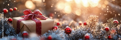 A beautifully wrapped gift box surrounded by festive decorations during a sno...