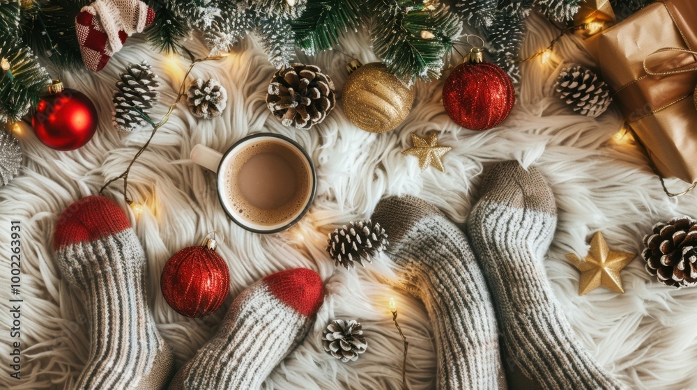 Cozy Christmas Flat Lay with Knitted Socks and Treats