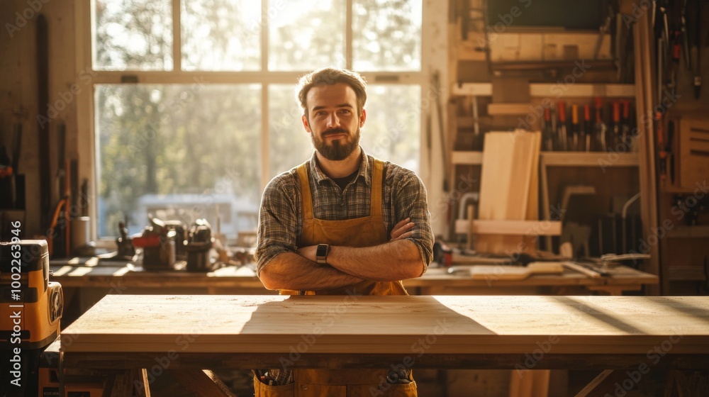 Carpenter with Arms Crossed Standing by Workbench in Workshop Carpenter with Arms Crossed Standing by Workbench in Workshop