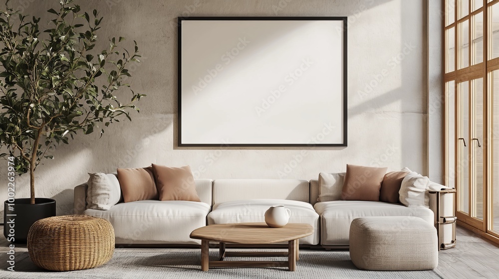 Fototapeta premium Frame mockup, ISO A paper size. Living room wall poster mockup. Interior mockup with house background. Modern interior design. 3D render