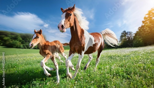 Pinto mare and red foal run on spring green meadow