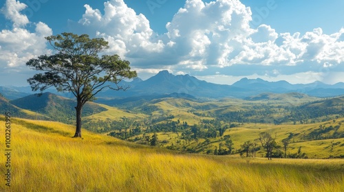 Lush green hills and valleys under a blue sky with clouds in the daytime