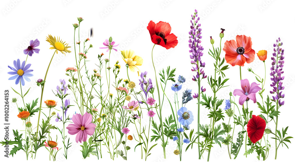 Vibrant Colorful Wildflowers in Bloom Along a Green Field Border Lilies and Poppies Vibrant Colorful Wildflowers in Bloom Along a Green Field Border Lilies and Poppies