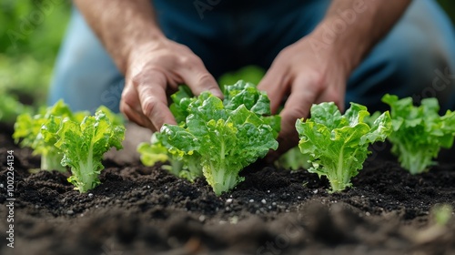 Hands tending to freshly planted lettuce in a vegetable garden during the aft...