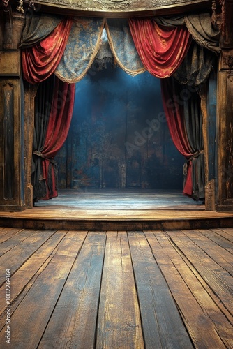 Intricately designed theatre stage with red curtains and wooden floor in a di...