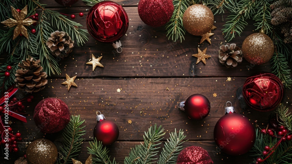 Festive Holiday Flat Lay with Red and Gold Ornaments Festive Holiday Flat Lay with Red and Gold Ornaments