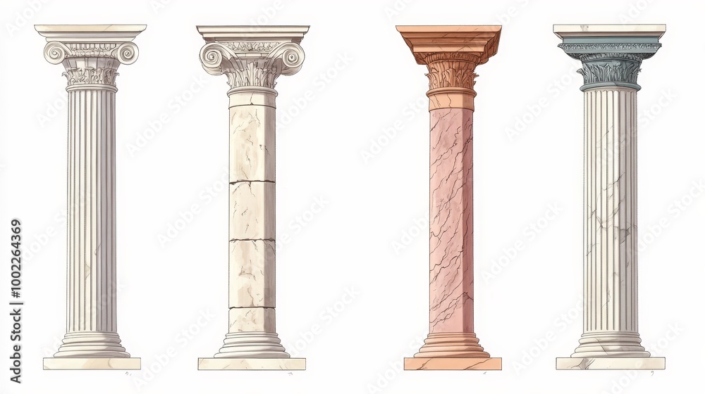Fototapeta premium Four classical columns in ancient Greek and Roman architecture: Doric, Ionic, Corinthian, and Tuscan.
