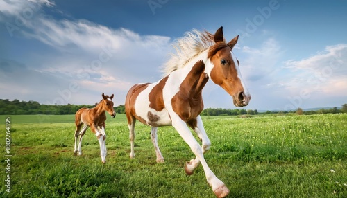 Pinto mare and red foal run on spring green meadow