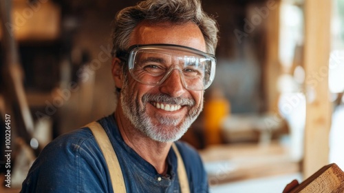 A smiling, middle-aged man wearing safety glasses in a workshop setting