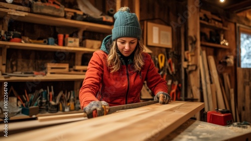 Woman in a Red Jacket Sanding a Wooden Plank in a Workshop