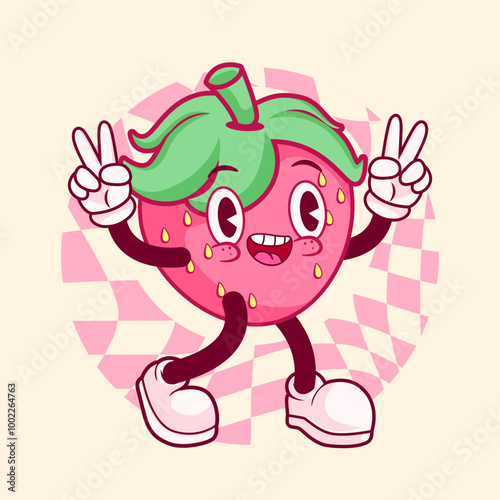 PEACE STRAWBERRY FRUIT VINTAGE MASCOT CHARACTER AND ILLUSTRATION