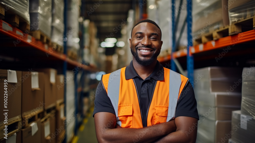 A portrait of an African American warehouse worker, smiling and standing with his arms crossed in front of shelves filled with goods. A portrait of an African American warehouse worker, smiling and standing with his arms crossed in front of shelves filled with goods.