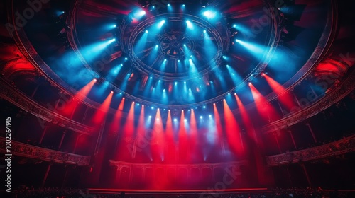 Dramatic performance in a vibrant circus tent during an evening show with an ...