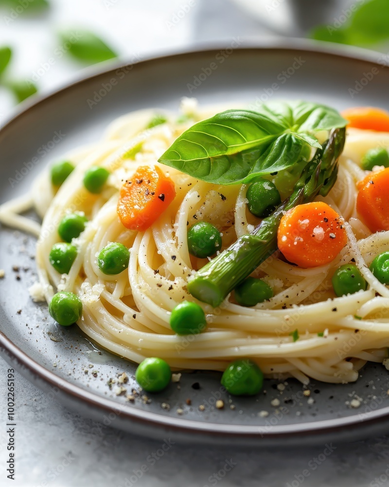 A delicious plate of spaghetti with vegetables, garnished with basil. A delicious plate of spaghetti with vegetables, garnished with basil.