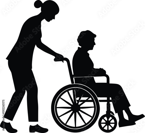 Silhouette of a young man pushing a wheelchair with an elderly woman. vector illustration black and white.