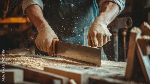 Close-up of a Carpenter's Hand Sawing Wood photo