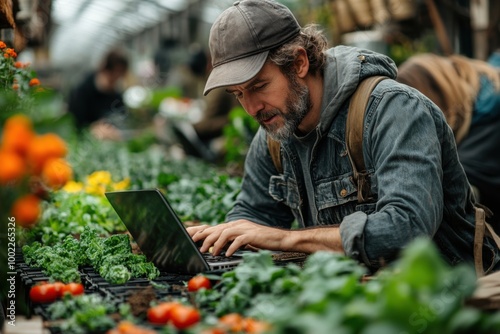 Gardener Working on Laptop in Greenhouse Surrounded by Vibrant Vegetation