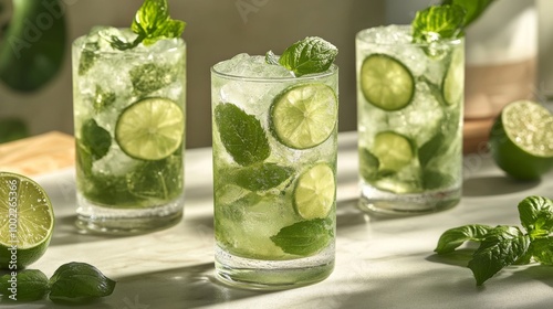 Fresh mojitos with mint and lime on a sunny afternoon table