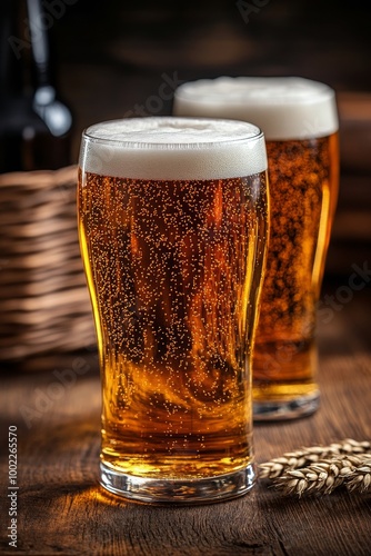 Refreshing craft beer served in tall glasses with barley on a rustic wooden t...