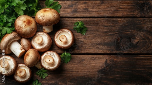 Fresh mushrooms arranged on rustic wooden table with decorative herbs