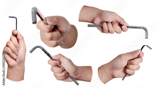 Photography Set collection of male person hand holding hexagonal allen L key wrench, cut out