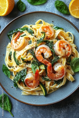 Shrimp fettucine with spinach and lemon on a blue plate, garnished with fresh...