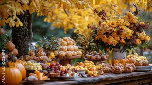 Fall gathering with a festive autumn spread featuring flowers, pumpkins, and ...
